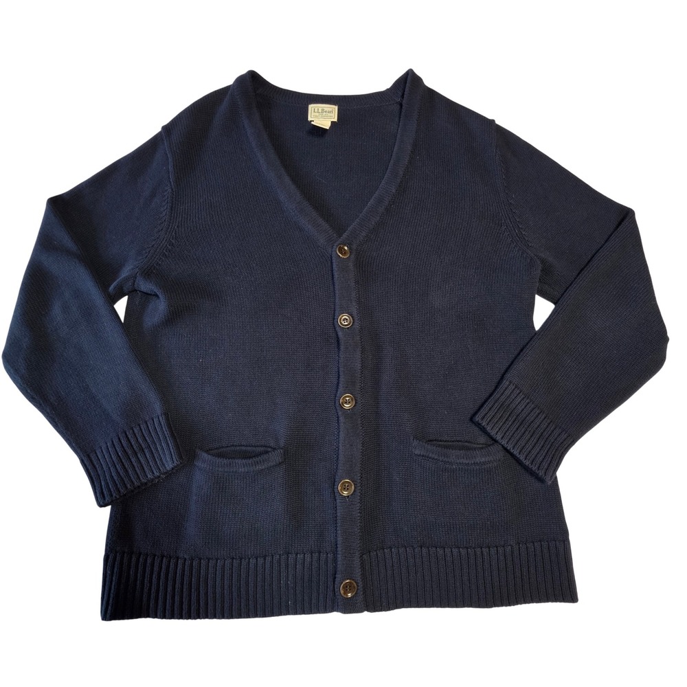 LL Bean Cardigan Sweater Cotton Knit V-Neck Large Navy Blue Grandpacore‎